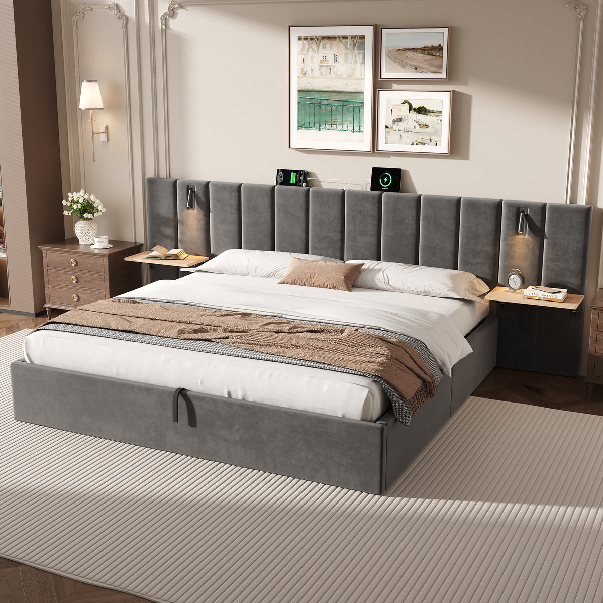 Super King Upholstered Bed With Charging Station, Velvet Hydraulic Storage Bed With Reading Light, 6ft King Bed Frame With Channel Tufted Headboard And Adjustable Bedside Shelf, Grey No Mattress