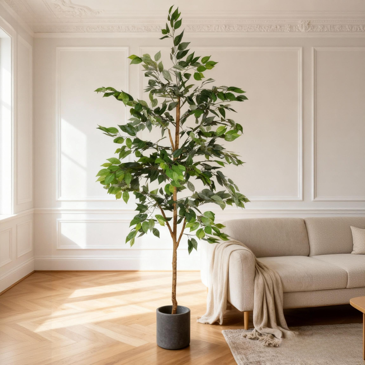 6FT Artificial Ficus Tree with Natural Trunk in Black Plastic Pot for Indoor Home Office Decor, 1pc/set