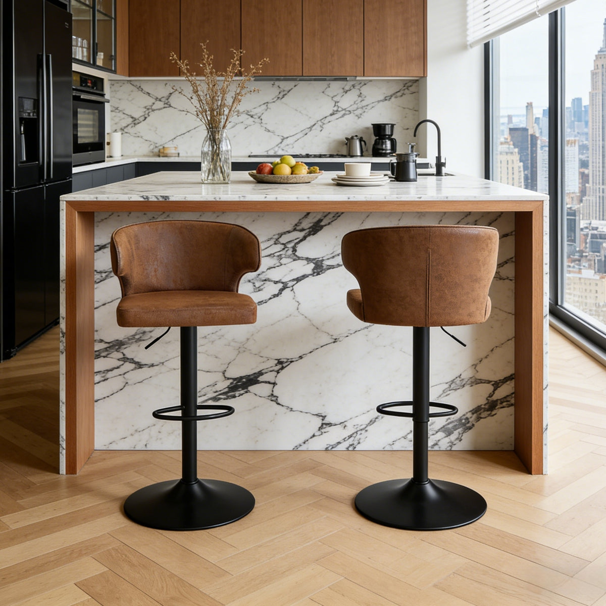 Modern Rotating Adjustable Bar Chair, Suede With Backrest Swivel Chair, Suitable For Kitchen Bar And Dining Room, Height Adjustable, Load-bearing Up To 300 Pounds Brown -2 Pieces