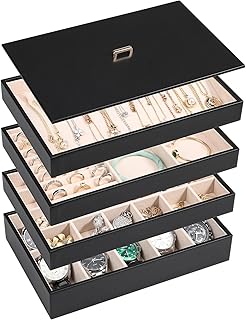 Voova Stackable Jewelry Organizer Tray with Lid, PU Leather Jewelry Storage Holder for Drawer Inserts, Jewellery Display B...