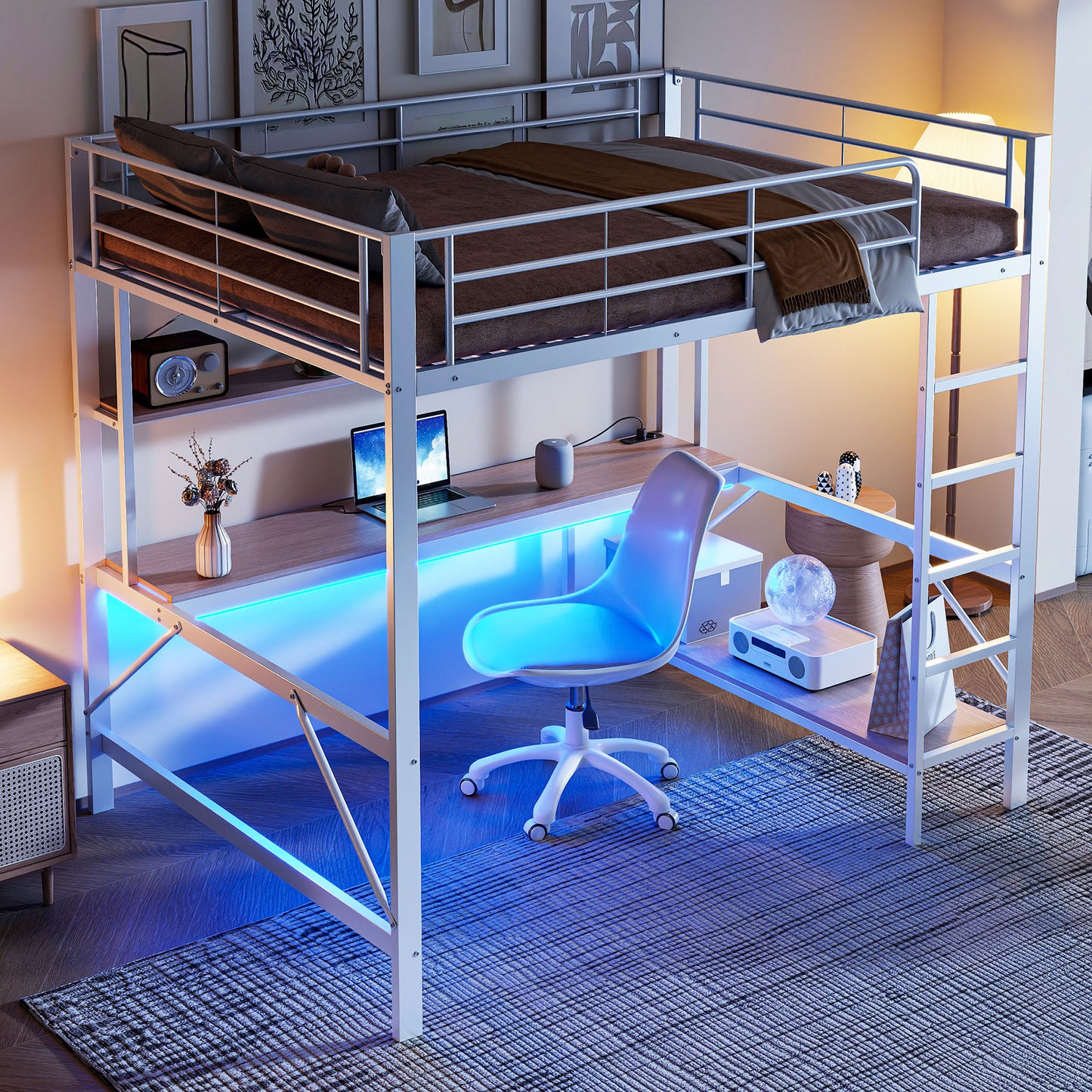Loft Bed, 140x200 Cm, Railing, Stepladder, With Usb And Socket, With LED Lights, Desk, Multi-storey Shelf, Without Mattress, Metal, White