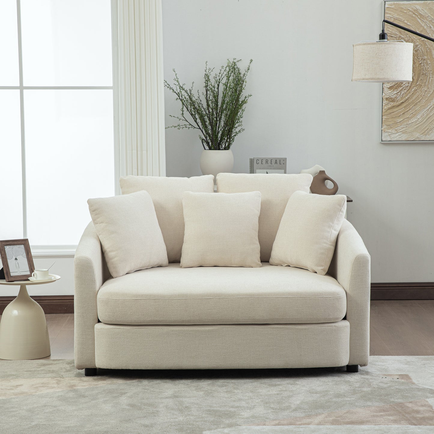 56.3 Wide Upholstered Round Accent Cuddle Chaise With Pillows, Cozy Oversized Slipcovered Barrel Lounger Chair With Deep Seat Reading Armchair For Club, Living Room, Bedroom, Office, Lounge, Beige