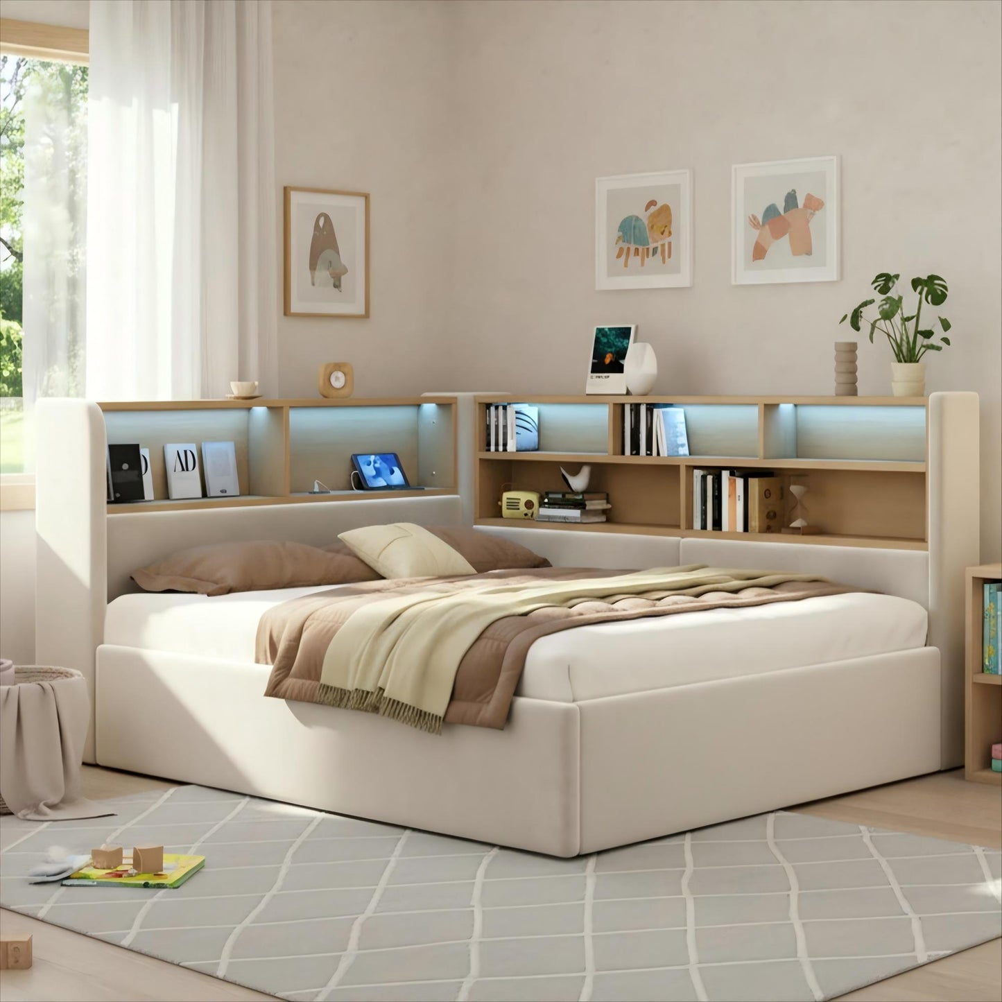 Daybed, L-shaped Upholstered Hydraulic Lift-Up Storage Bed, Sofa Bed With Storage, LED, USB Charging Port, 4FT6 Double Bed 135x190cm, Hydraulic Storage Bed Frame, Velvet, Beige