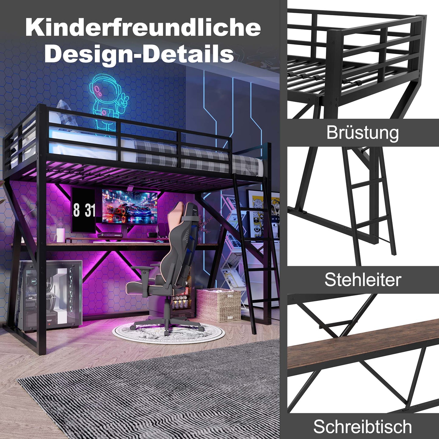 Loft Bed, 90 X 200cm, Iron Frame, LED Strip, Railing, Stairs, Desk, Without Mattress, Black