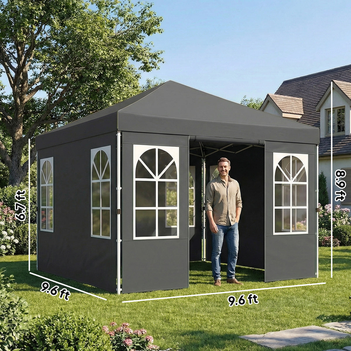 9.6 x 9.6 ft Pop Up Canopy Tent with Sidewalls, One Push Setup, UPF50+ Portable Instant Canopy Shelter, Dark Gray