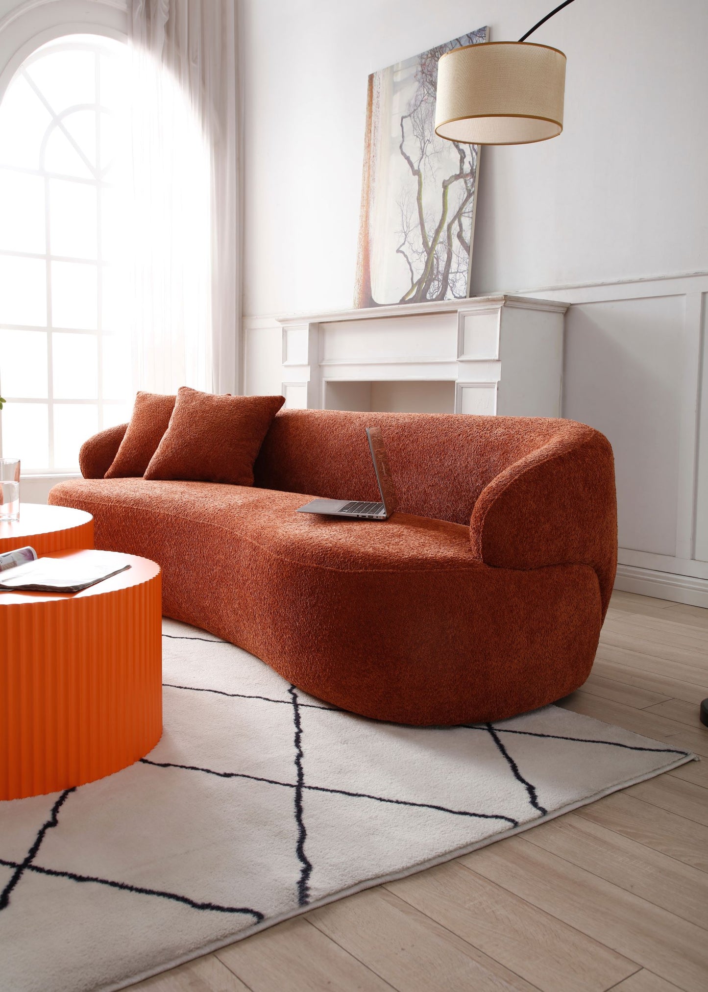 ORANGE Mid Century Modern Curved Sofa, 3 Seat Cloud Couch Boucle Sofa Fabric Couch For Living Room, Bedroom, Office