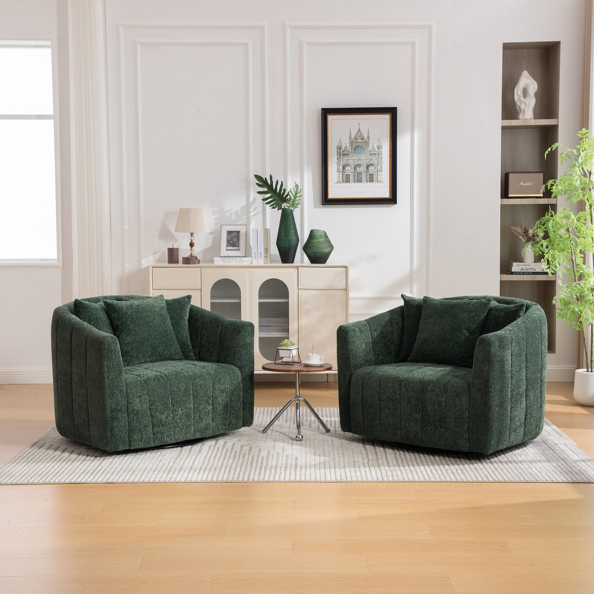 39 W Upholstered Oversized 360 Swivel Accent Barrel Chair And Half Cozy Sofa With 3 Pillows, Channel Tufted Pumpkin-Shape Club Armchair For Living Room, Bedroom, Office, Lounge, Chenille Green