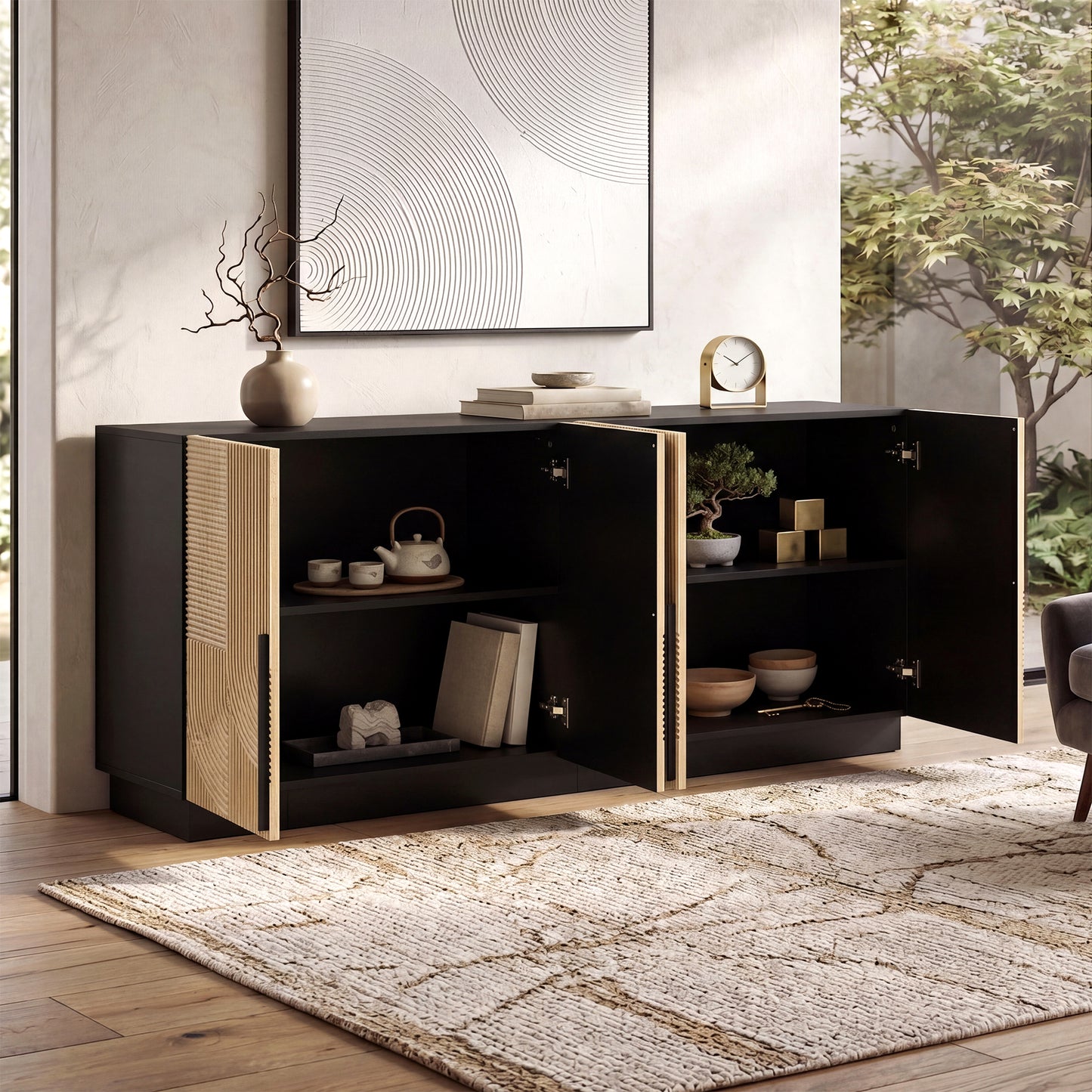Sideboard, Living Room Cabinet, 4 Doors, Relief Front, Metal Handles, PB MDF Body, Dining Room Cabinet, Hallway Cabinet