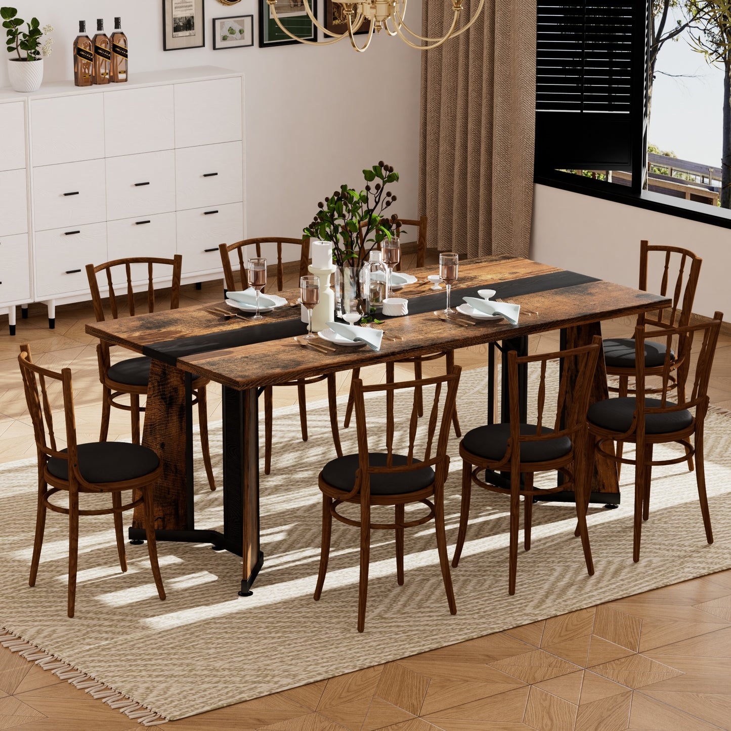 70.9 Rectangular Large Dining Table, Waterproof Large Desk For 8 People, Deluxe Family Dining Table With Adjustable Legs For Kitchen,Living Room,Office, Rustic Brown,70.9 W X 35.4 D X 30.3 H