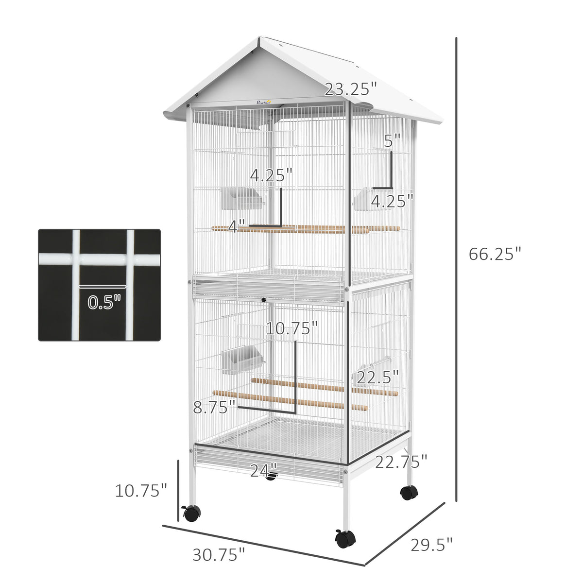 Wrought Metal Bird Cage Feeder with Rolling Stand Perches Food Containers Doors Wheels 67" H, White
