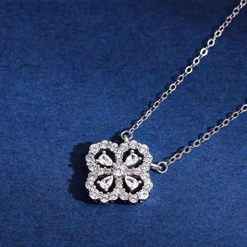 S925 Sterling Silver Four-Leaf Clover Pendant Necklace For Women, Korean Style Full Paved Zircon Clavicle Chain, Luxury Unique Jewelry