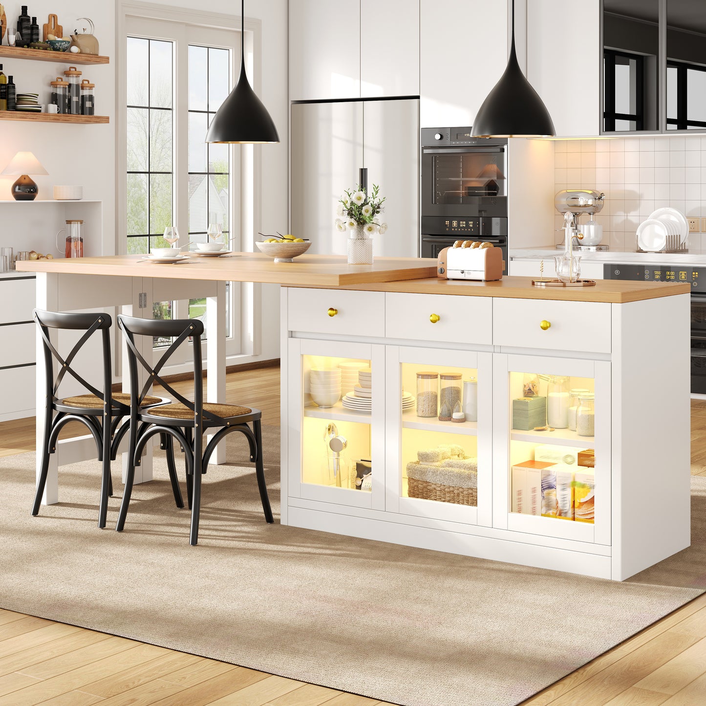 Extendable Kitchen Island With LED Lights, 120-200cm Adjustable Dining Table With Storage, 3 Drawers & Glass Cabinets, White Black
