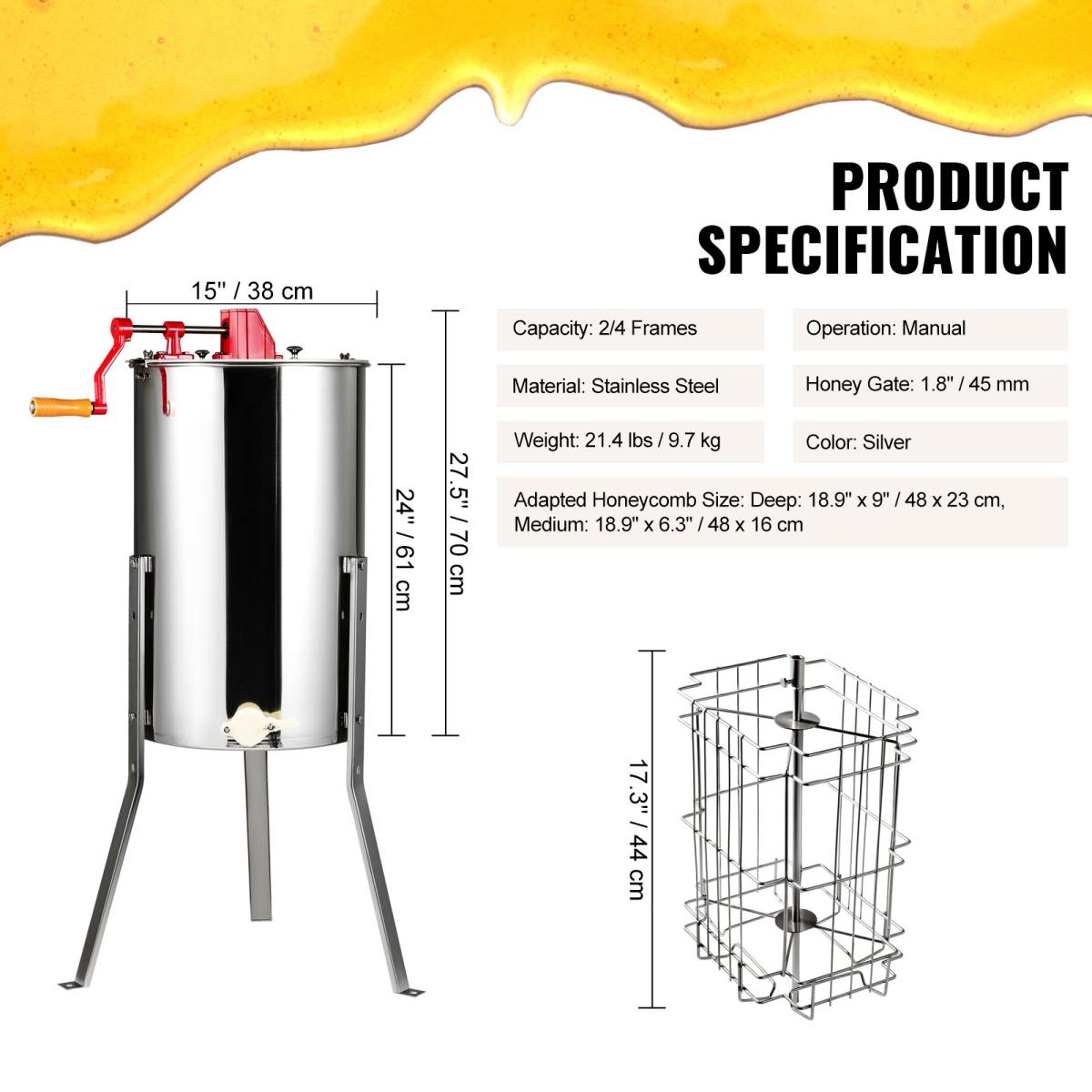 Manual Honey Extractor, Frames Honey Spinner Extractor, Stainless Steel Beekeeping Extraction, Honeycomb Drum Spinner With Lid, Apiary Centrifuge Equipment With Height Adjustable Stand