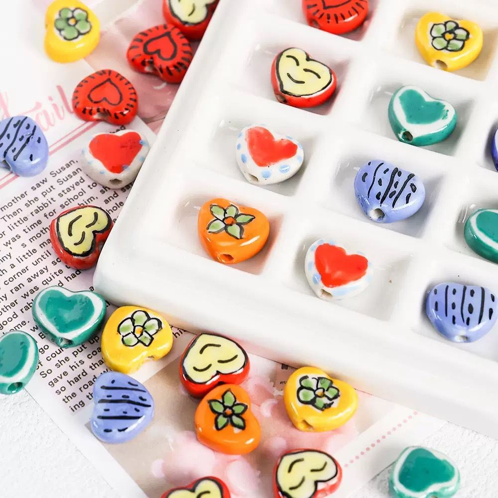 Colorful Ceramic Lovely Heart-shaped Hand-painted Loose Beads Bracelet Necklace Accessories Beads