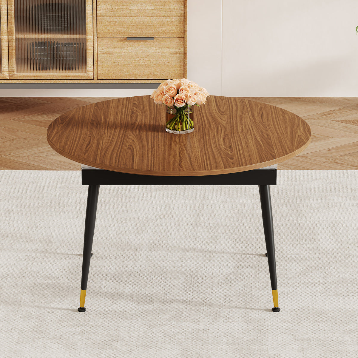 Walnut Oval Extendable Dining Table, MDF Top Modern Expandable Kitchen Table With Sturdy Metal Legs For Dining Room, Seats 6-10 People