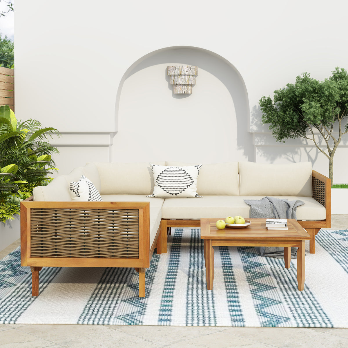 SECTIONAL SEATING GROUP WITH WATERPROOF CUSHIONS - PREMIUM OUTDOOR SOFA SET BEIGE CUSHION
