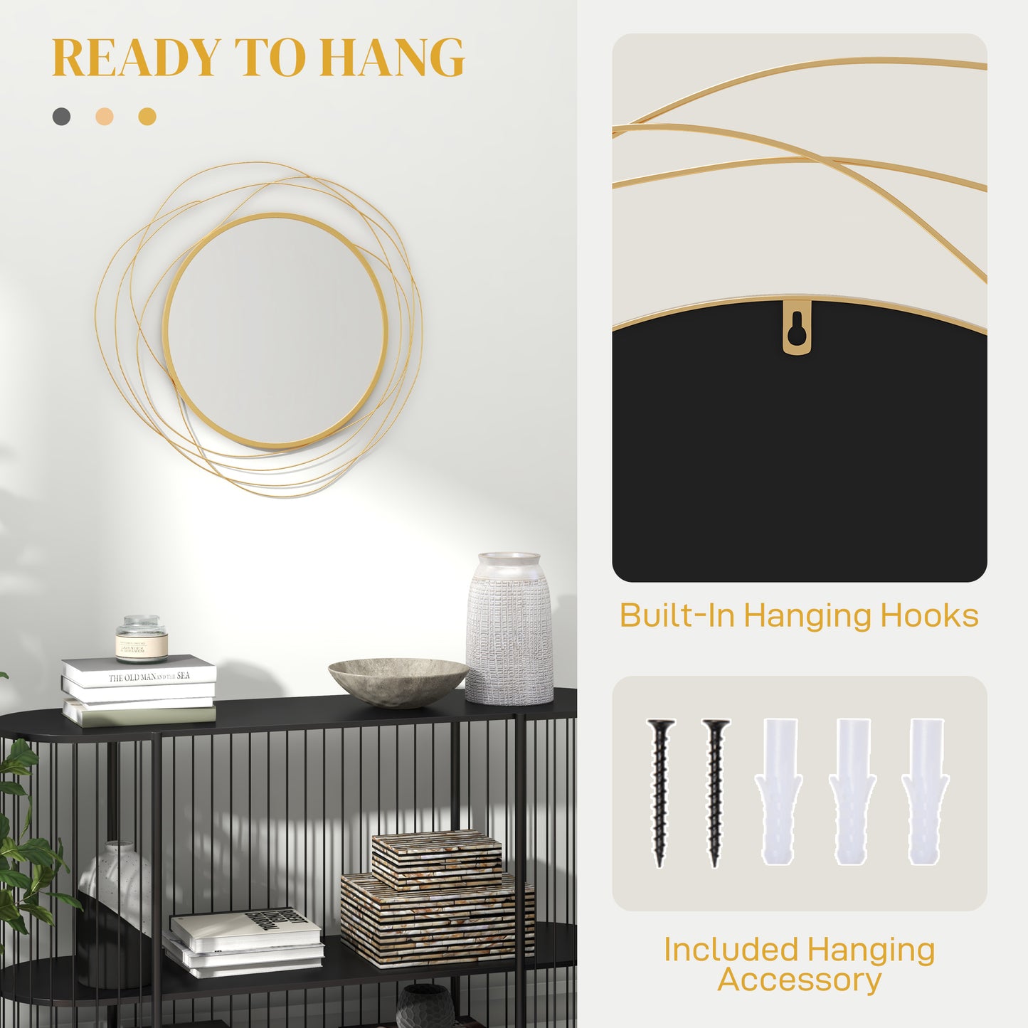 Abstract Metal Wire Wall Mirror, With Accessories - Gold Tone