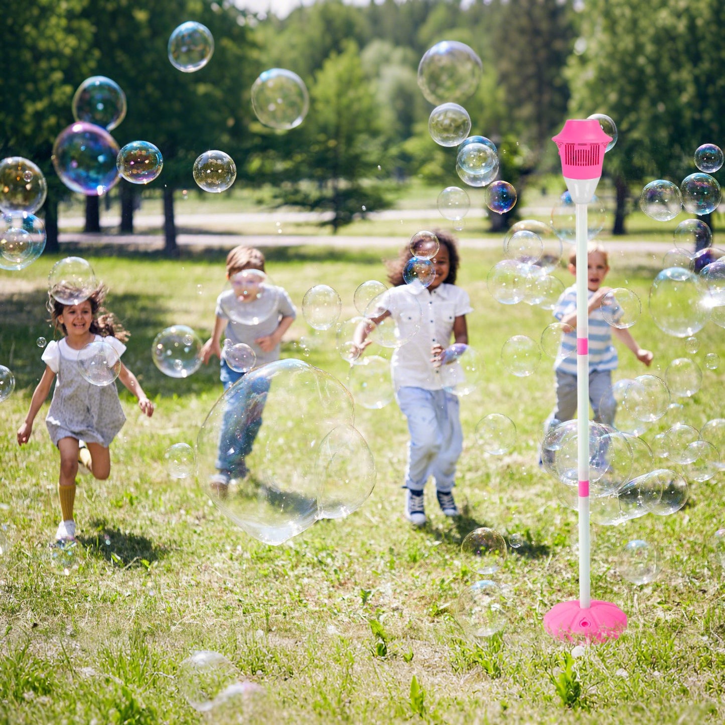 1Pc 3 In 1 Standing Bubble Machine With Colorful Lights And Music Rechargeable Bubble Maker Stand With 2 Modes 3 Adjustable Height For Party Wedding Indoor Outdoor Occasions Pets Kids Aged 3 Above