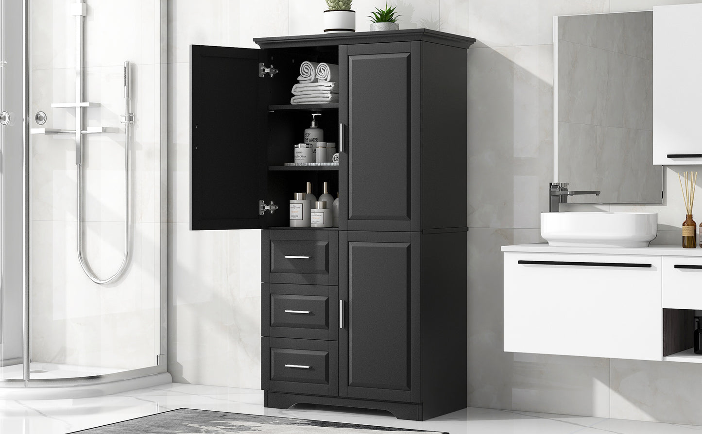 Tall And Wide Storage Cabinet With Doors For Bathroom Office, Three Drawers, Black
