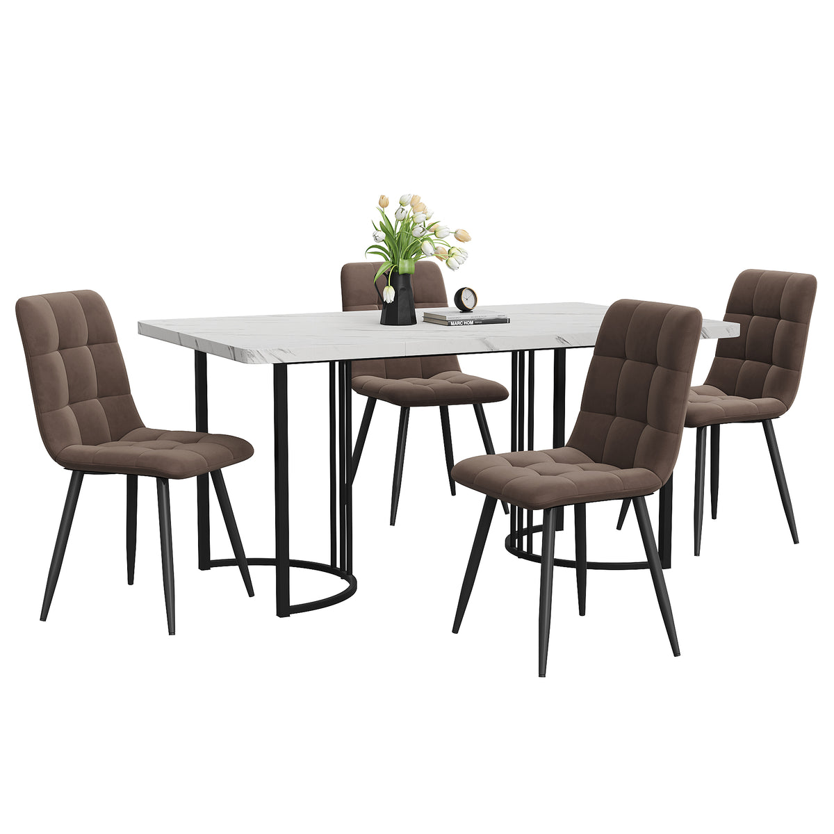 5-Piece Dining Set Dining Table With 4 Chairs Modern Kitchen Table Set 140 X 80 CmFeaturing Black Metal Legs And White MDF Tabletop, Plus Brown Velvet Dining Chairs