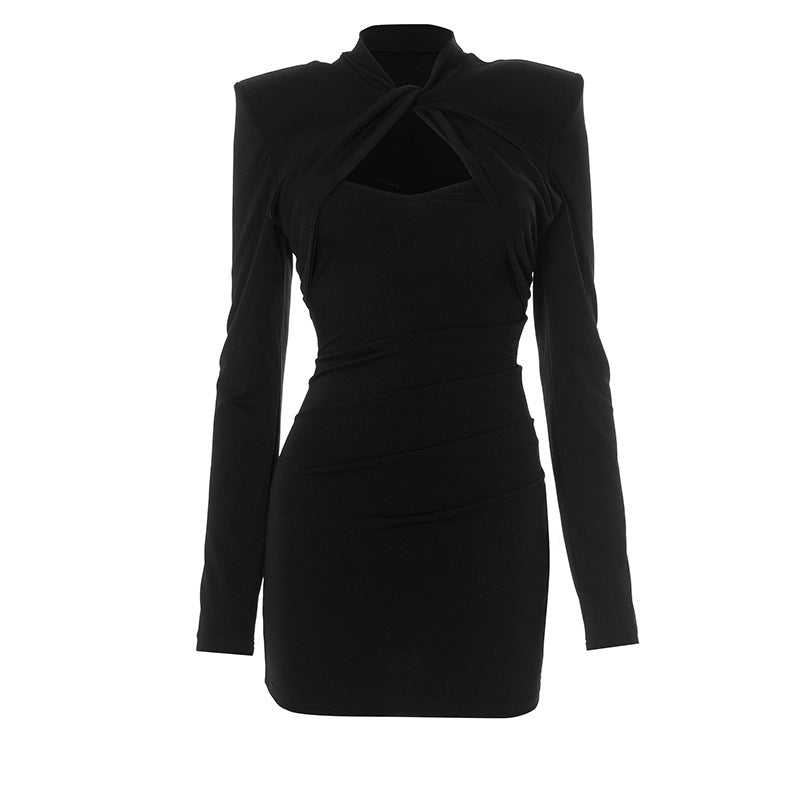 Body Hugging Knot Decorated Hollow Out Straight Shoulder Sheath Dress