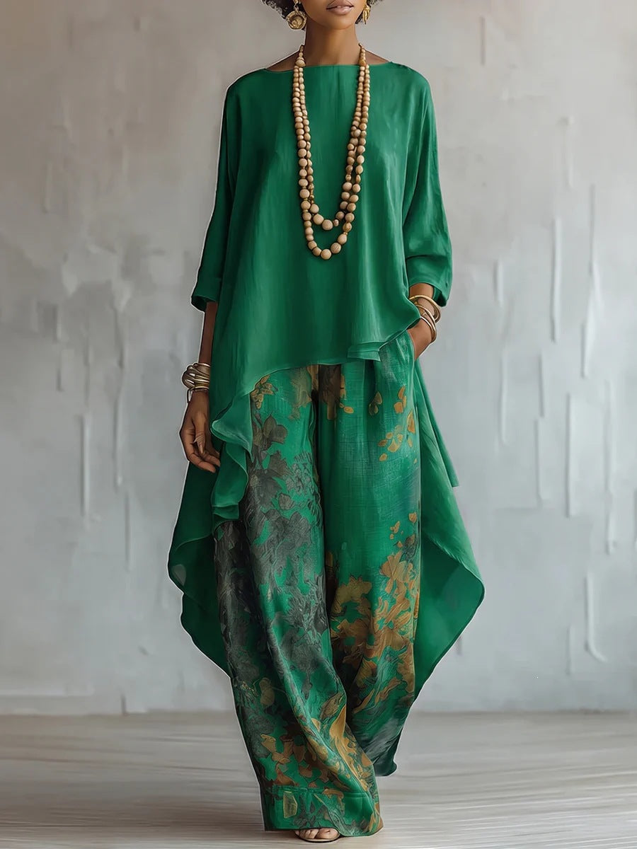 Cotton-Linen Fashion Solid-Color Top And Wide-Leg Pants Two-Piece Set