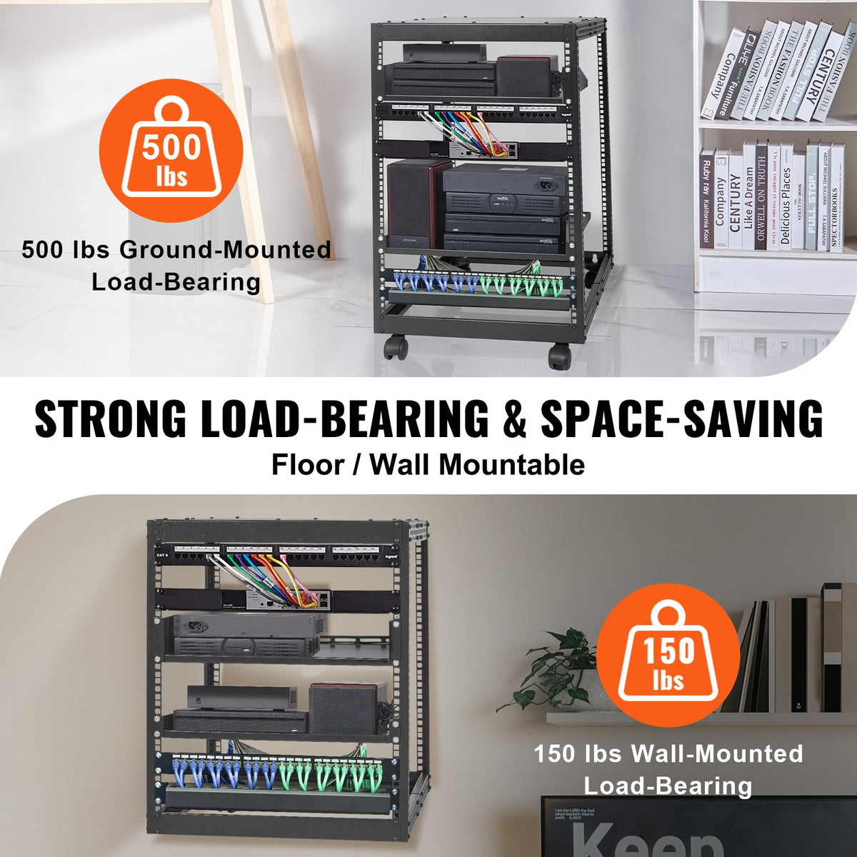 15U Open Frame Server Rack, 23''-40'' Adjustable Depth, Free Standing Or Wall Mount Network Server Rack, 4 Post AV Rack With Casters, Holds All Your Networking IT Equipment AV Gear Router Modem
