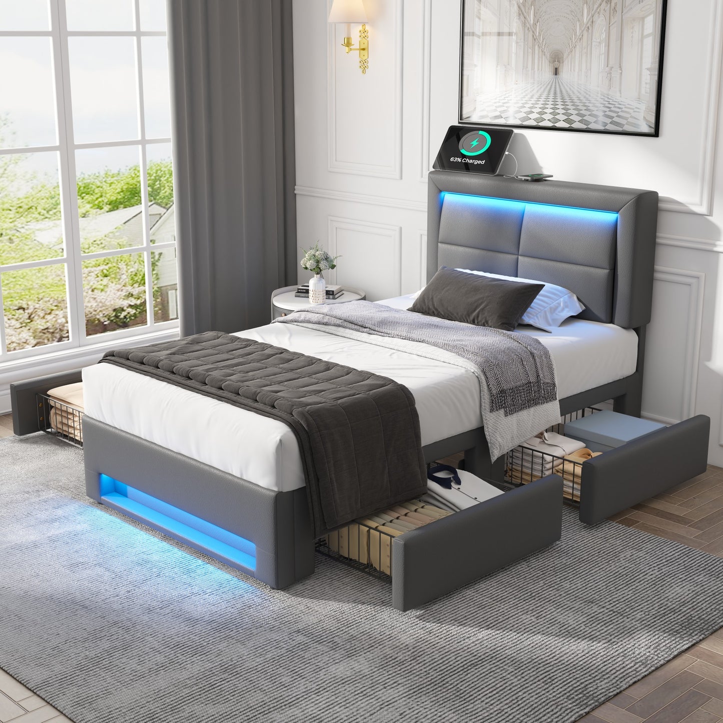 Upholstered Bed 90x190 Cm, With USB Port Supports Wireless And Wired Charging , With LED Lighting And Four Drawers, Without Mattress, PU Lychee Pattern, Grey