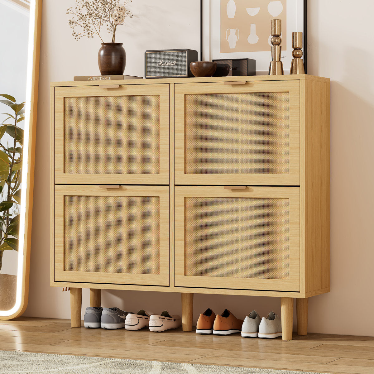 Rattan Shoe Storage Cabinet With Adjustable Shelves, 4 Flip Drawers, Elegant Wooden Design, Perfect For Organizing Shoes In The Hallway, Entryway, 10 0 X 25 X 90 Cm, Light Oak