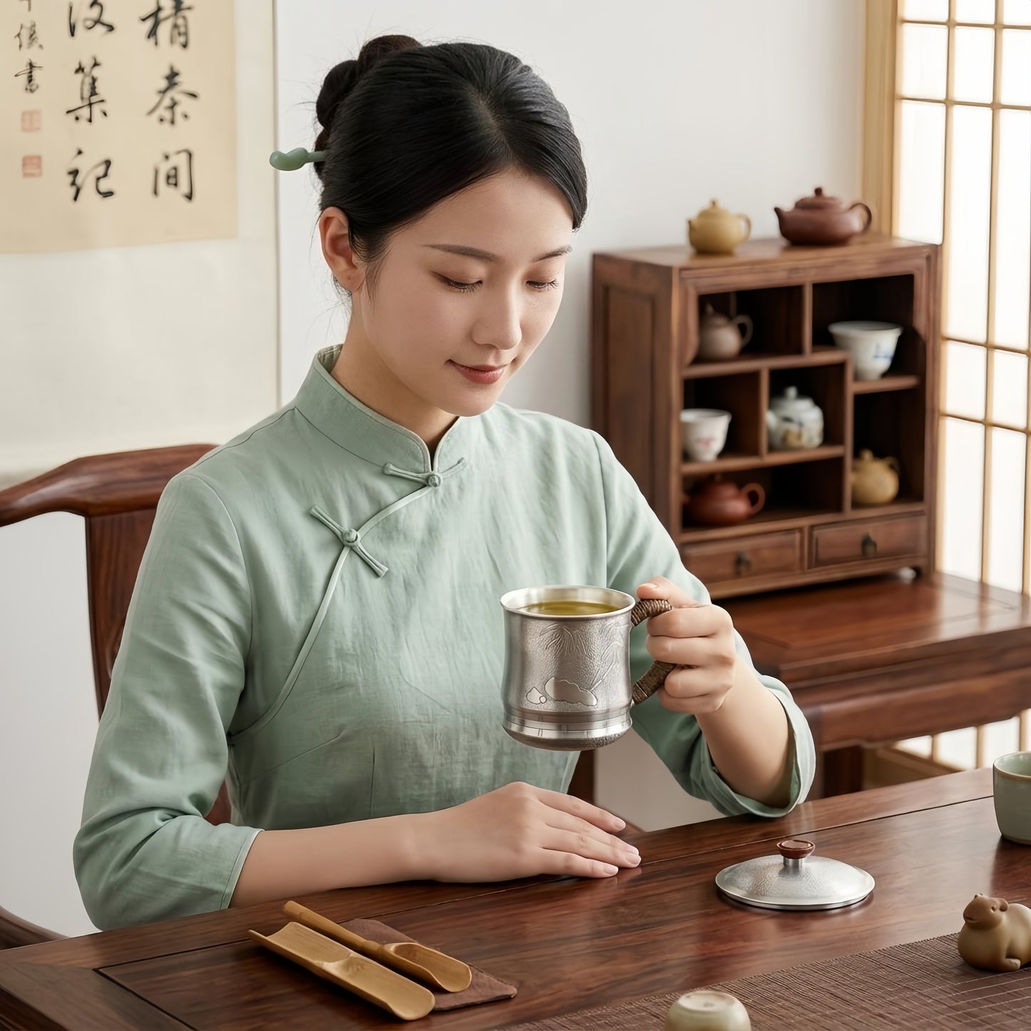Pure 999 Fine Silver Elegant Metallic Tea Cup with Bamboo Motif and Woven Handle-Premium Tea Mug - Handicraft