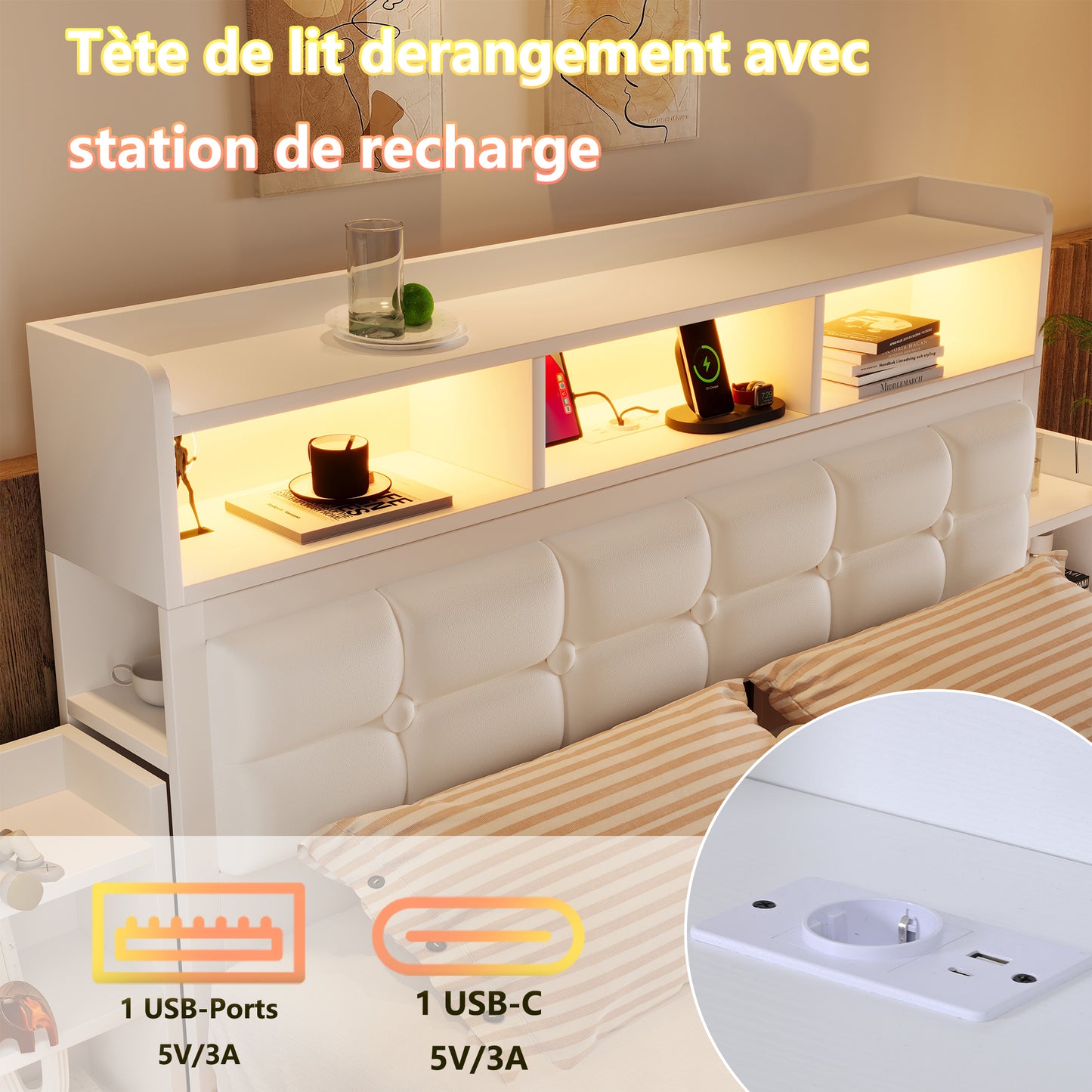 Double Bed 140x190 CM With Slatted Base And Headboard, With 2 Extendable Bedside Tables, With Storage Compartments, With Mobile Phone Charging Function TYPE C Interface And USB , With LED, White