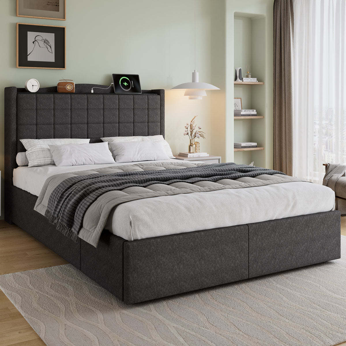 Upholstered Bed, 4ft6 Double Bed 135x190cm, Storage Bed, Soft Backrest, 4 Drawers With Pulleys, Metal Under-bed Bracket, With Bed Slats, Charging Port,For Adults & Teenagers, Linen, Grey No Mattress