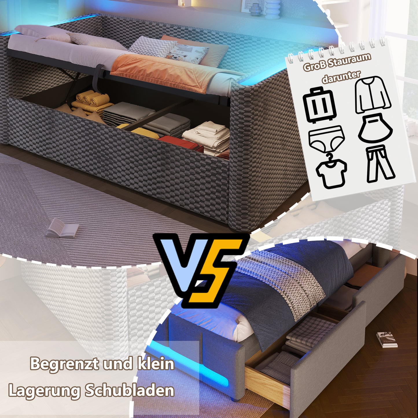Daybed, Daybed, Sofa Bed, 90 X 200 Cm, With LED Lighting, With Hydraulic Storage Mechanism, Slatted Base Without Mattress, Velvet, Grey