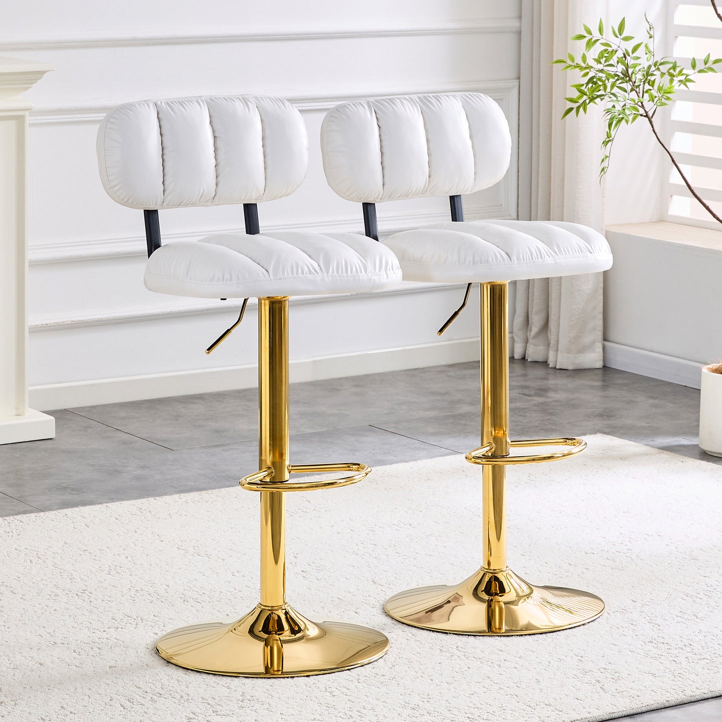 Set Of 2 Adjustable Height Bar Stools, White PU Leather Upholstered Seating With Gold Metal Base & Footrest, Luxe Glam Stools For Kitchen Island, Home Bar, Living Room