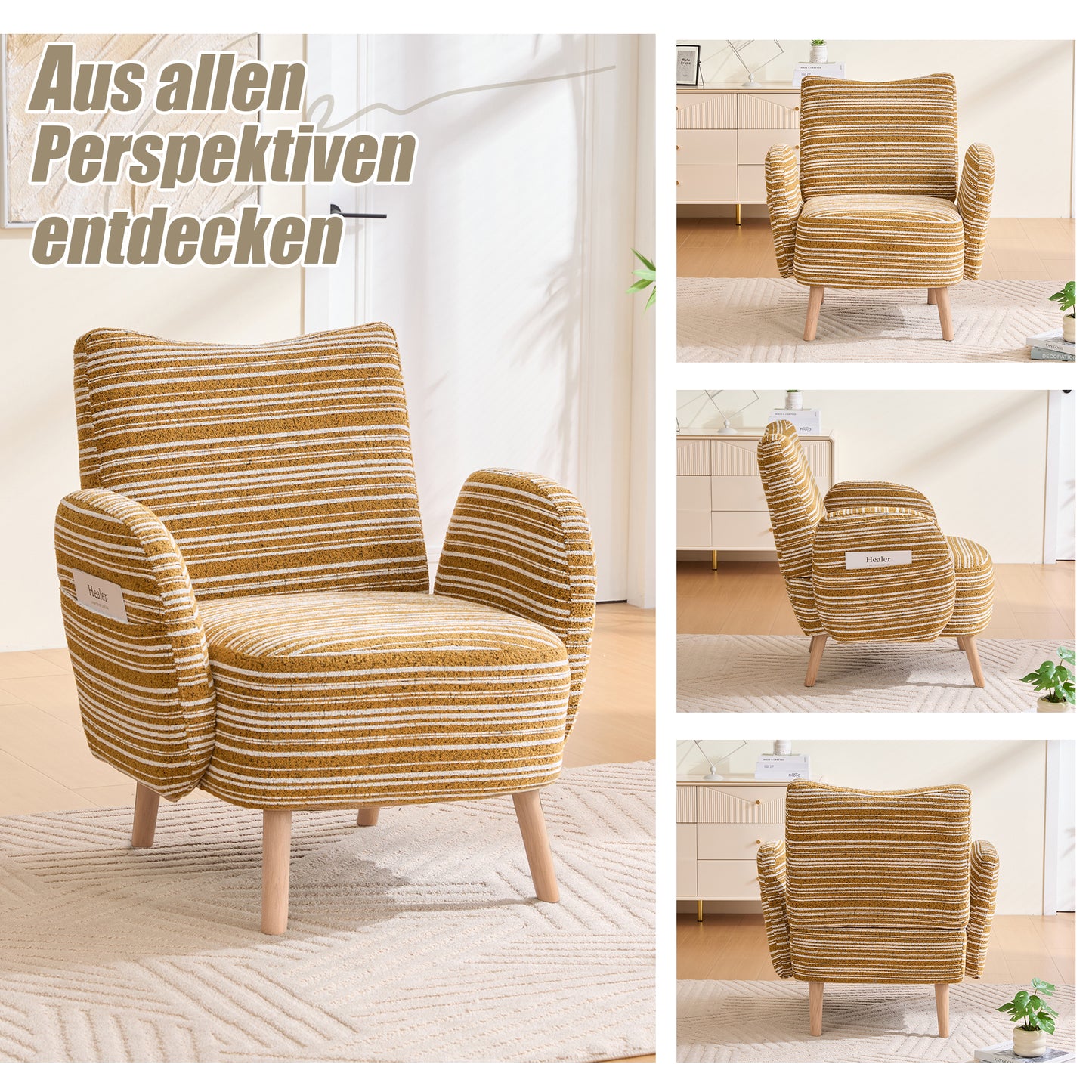 Modern Armchair, Fabric With Circle Pattern, With Side Pocket, Solid Wood Legs, Comfortable Reading Chair, Living Room, Bedroom, Office Mustard Yellow BouclE