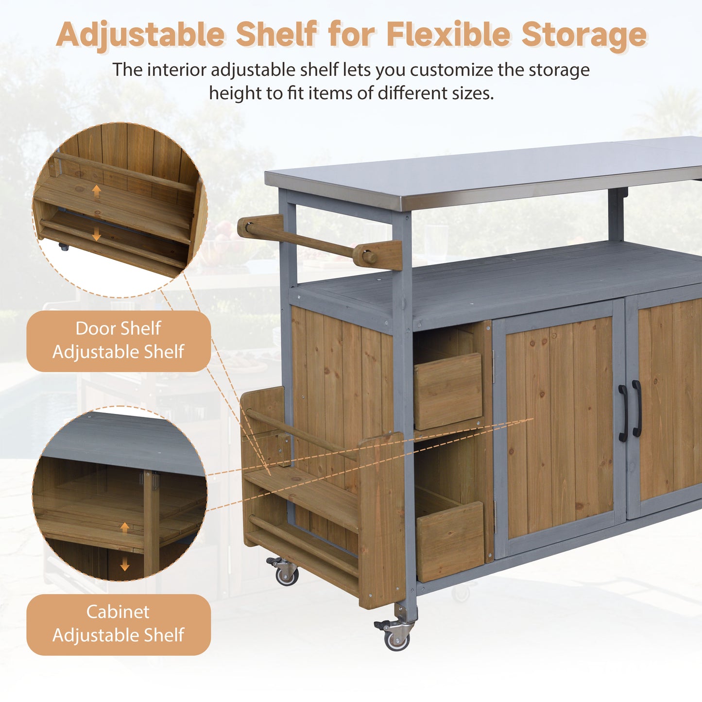 54.33 Farmhouse Rolling Outdoor Kitchen Cart, Solid Wood Frame With Stainless Steel Top, Spice Rack, Towel Rack, Lockable Wheels & Multi-Functional Storage For Patio, BBQ & Kitchen
