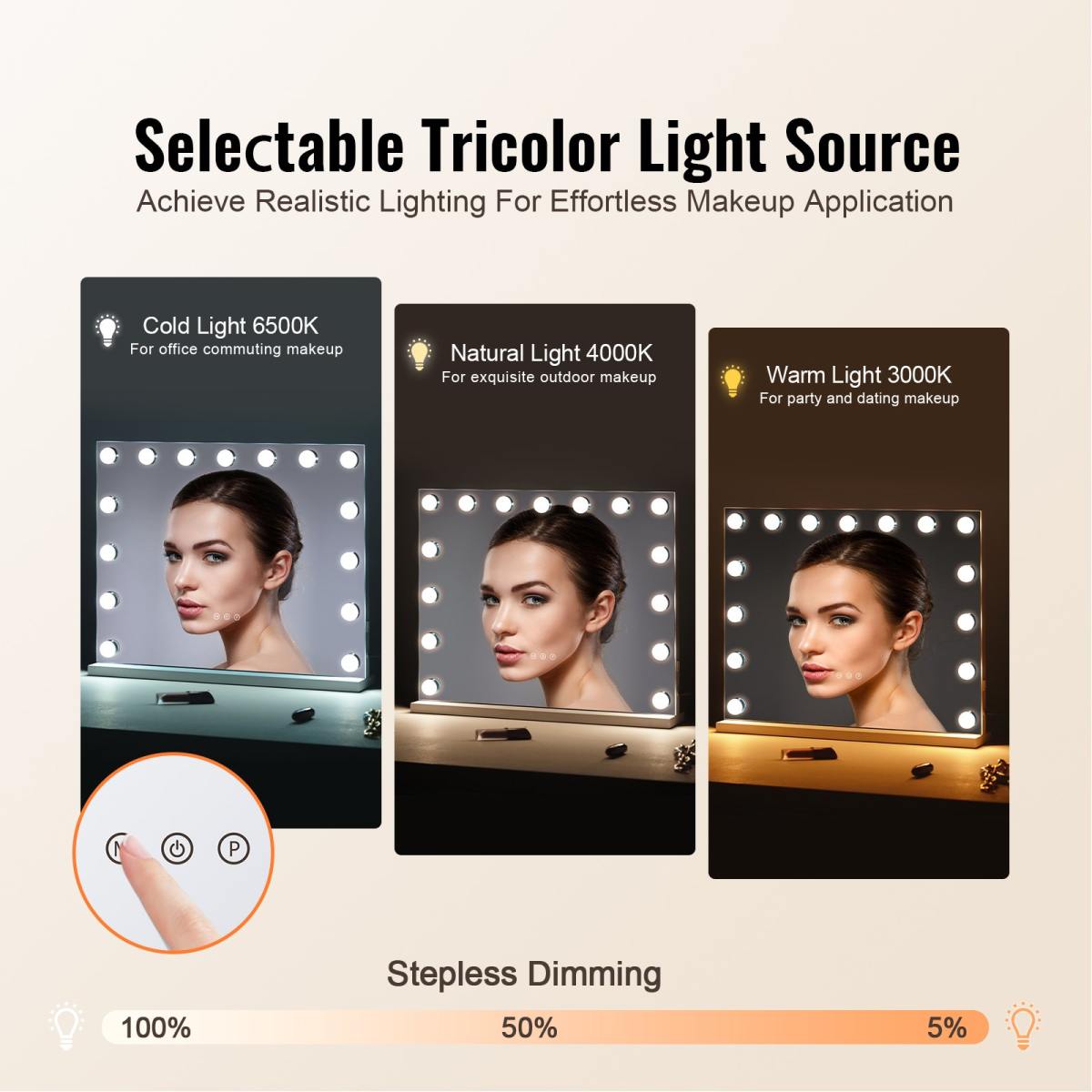 Hollywood Schminkspiegel Mit Beleuchtung, 15 Dimmbare Glühbirnen & 3 Farbbeleuchtungsmodi, Kosmetikspiegel Mit Abnehmbarer 5-facher Vergrößerung, USB-Anschluss, Smart-Touch-Steuerung, 580x458mm