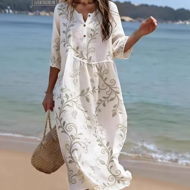 Round Neck Fashion Premium Long Sleeve Printed Dress