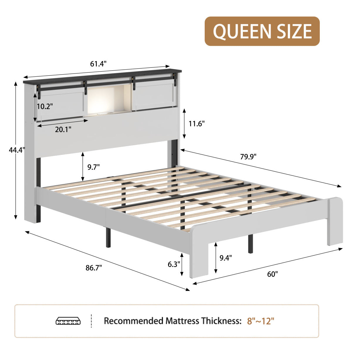 Queen Metal Bed Frame With Charging Station, No Box Spring, White