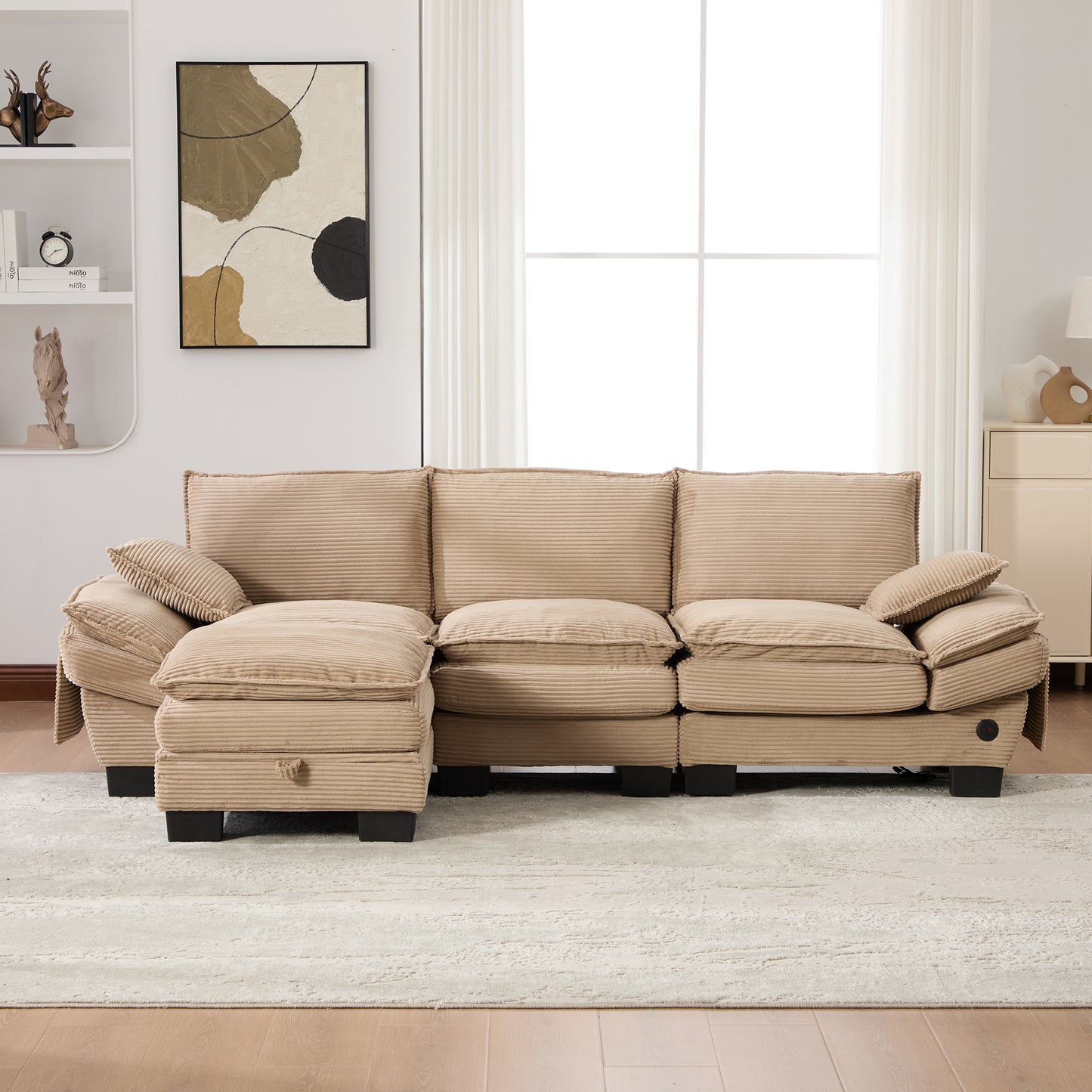 Modular 3-seater Corduroy Sofa With 1 Stool Wide Seat, Ergonomic Design, High-density Foam Padding, USB-C Port And Side Pockets. Ideal For Living Room, Office Or Lounge.Khaki