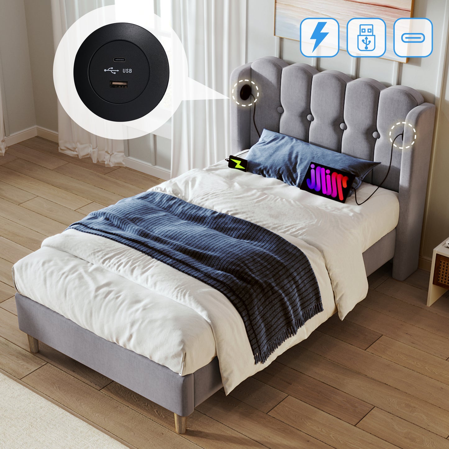 Upholstered Single Bed With USB And Type-C Charging, Bed Frame With Wooden Slatted Frame, Teenager Bed For Bedroom & Guest Room, 3ft 90 X 190 Cm Bed Frame, Grey, Linen Material