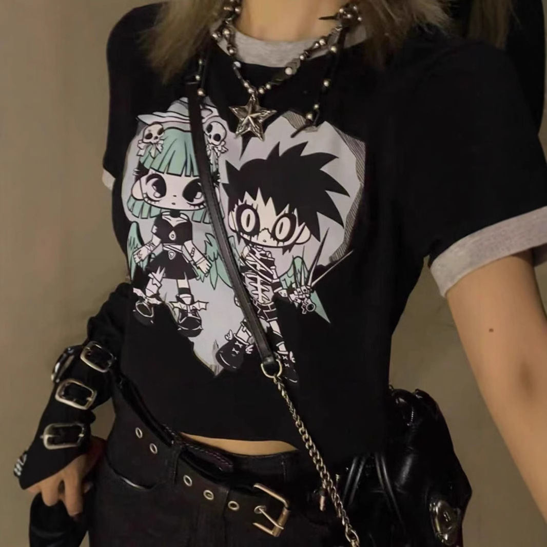 New Seasonal Patchwork Short-sleeve Street-style Cropped Top For Sassy Girls