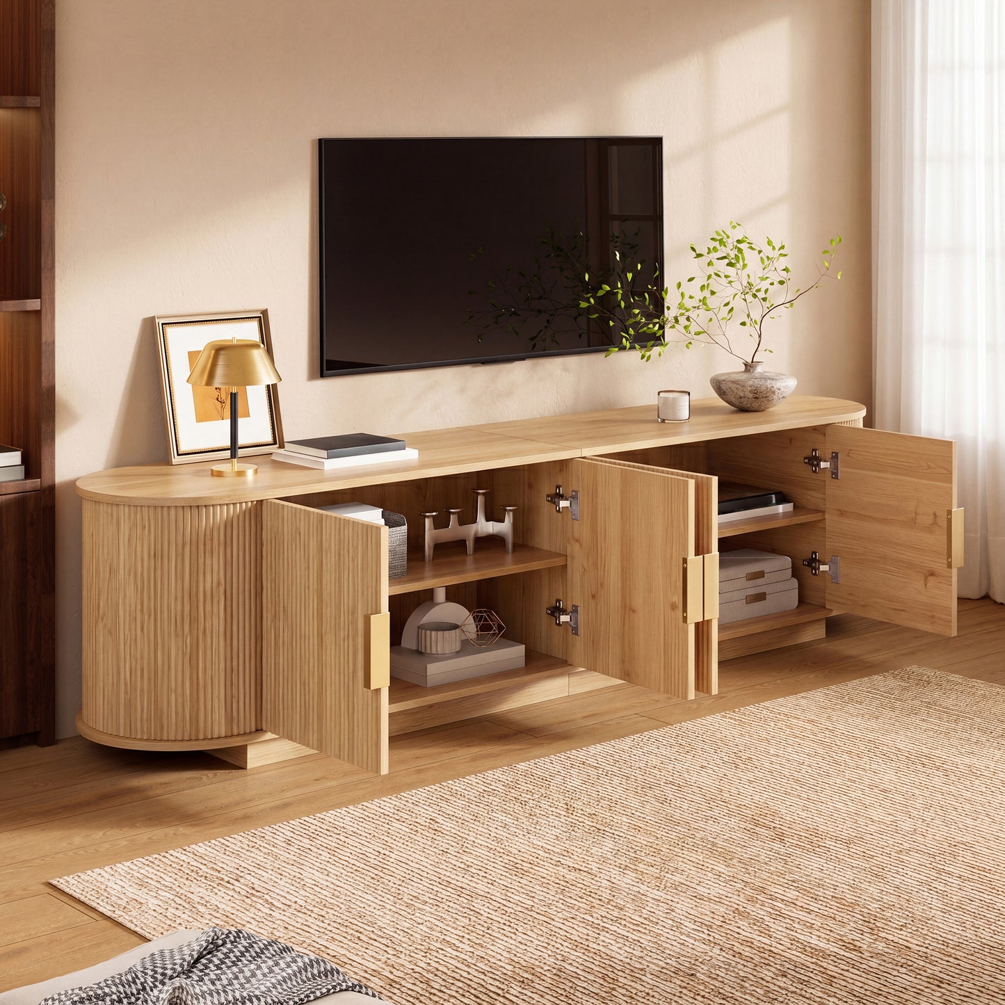TV Cabinet, Lowboard, Wave Structure, Chipboard MDF Body, Metal Handles, 4 Doors, Spacious Storage Space