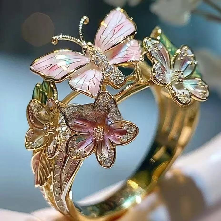 New Fashion Jewelry For Amazon, Exquisite Rhinestone Enamel Butterfly Flower Ring, Colorful Adjustable Open Band For Women