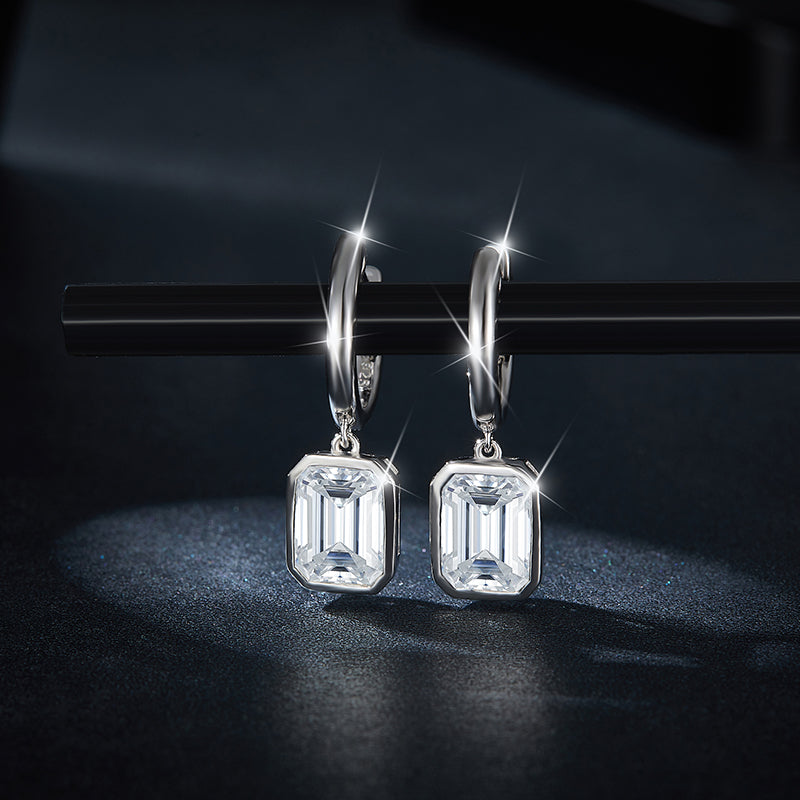 S925 Sterling Silver Emerald Cut Moissanite Dangle Earrings 6x8mm Huggie Hoop Drop Earrings Platinum Plated Jewelry Gift Box Set