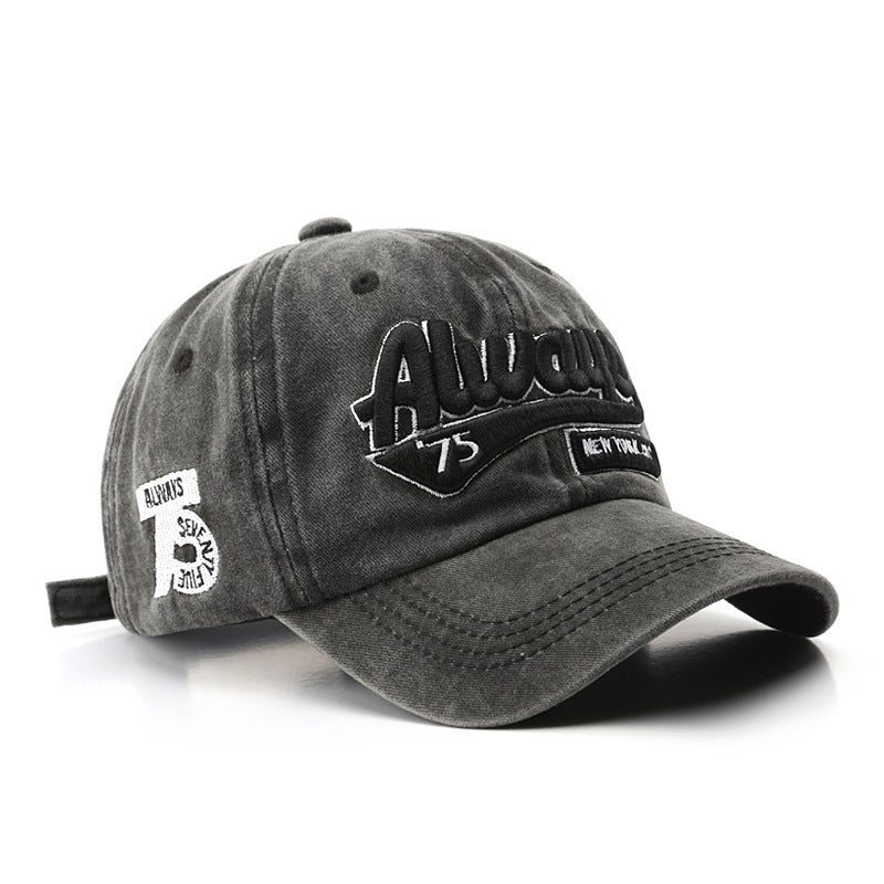 Monochrome Three-dimensional Letter Embroidery Washed-out Distressed Retro Street Style Peaked Cap. Suitable For Outdoor Travel And Shopping.