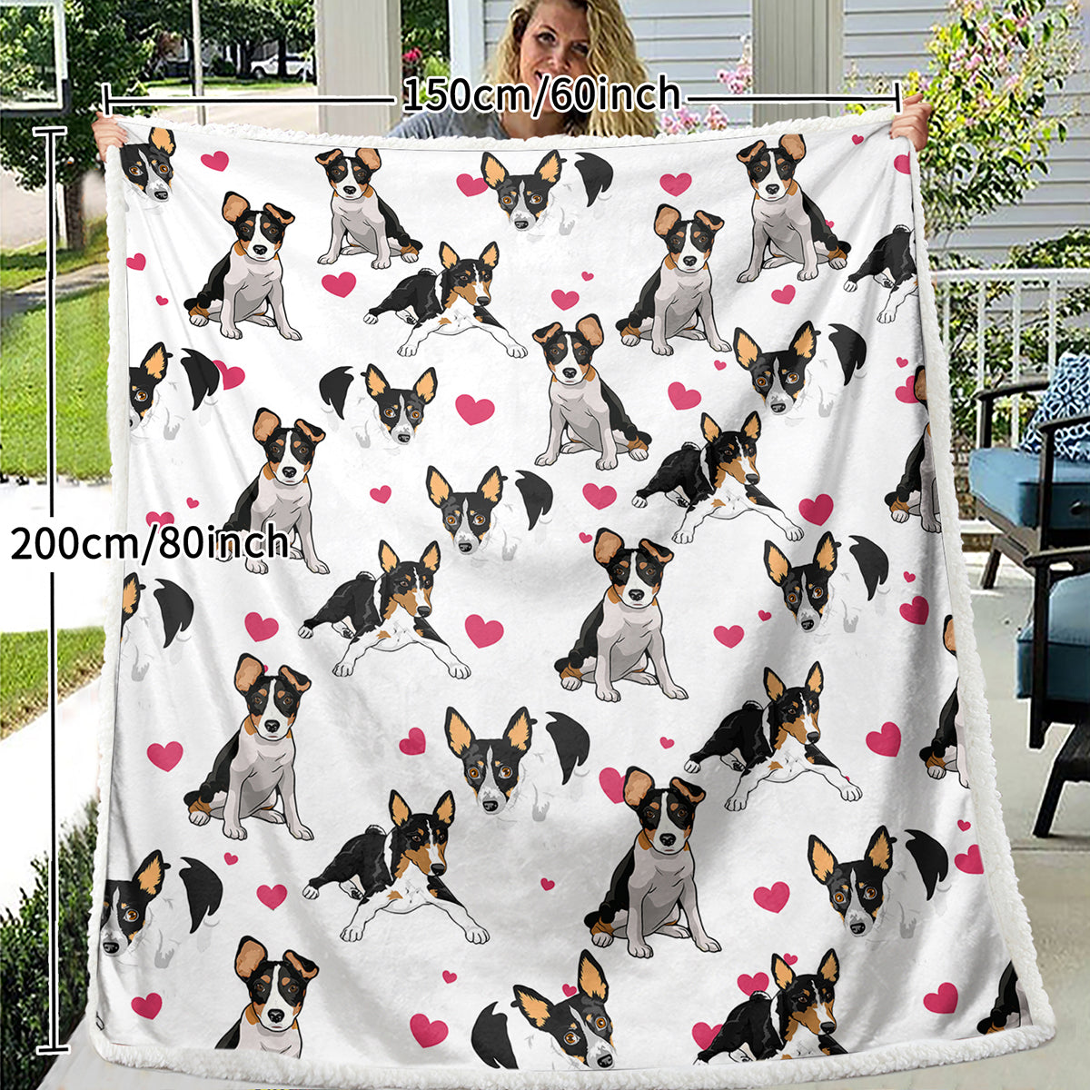 Rat Terrier Throw Blanket, Dog Lover Gift Blanket Reversible Plush Fluffy Red Heart Rescue Dog Sherpa Fleece Bedding For Kids Teens
