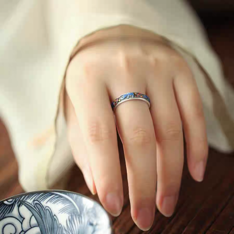 1pc 999 Sterling Silver Enamel Elephant Open Ring, Retro Ethnic Style, Perfect For Daily Wear & Valentine's Day Gift