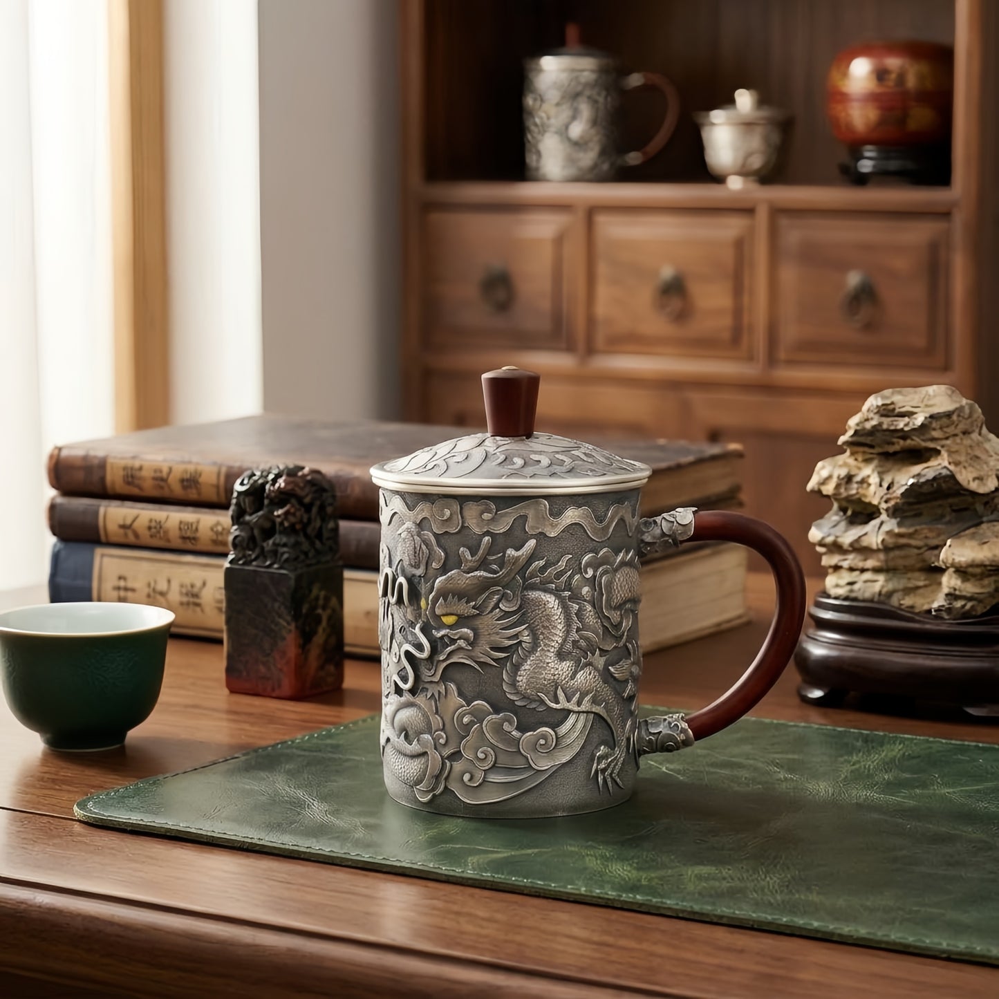 925 Sterling Silver Handcrafted Silver Dragon Relief Tea Mug with Rosewood Handle and Lid - Handicraft