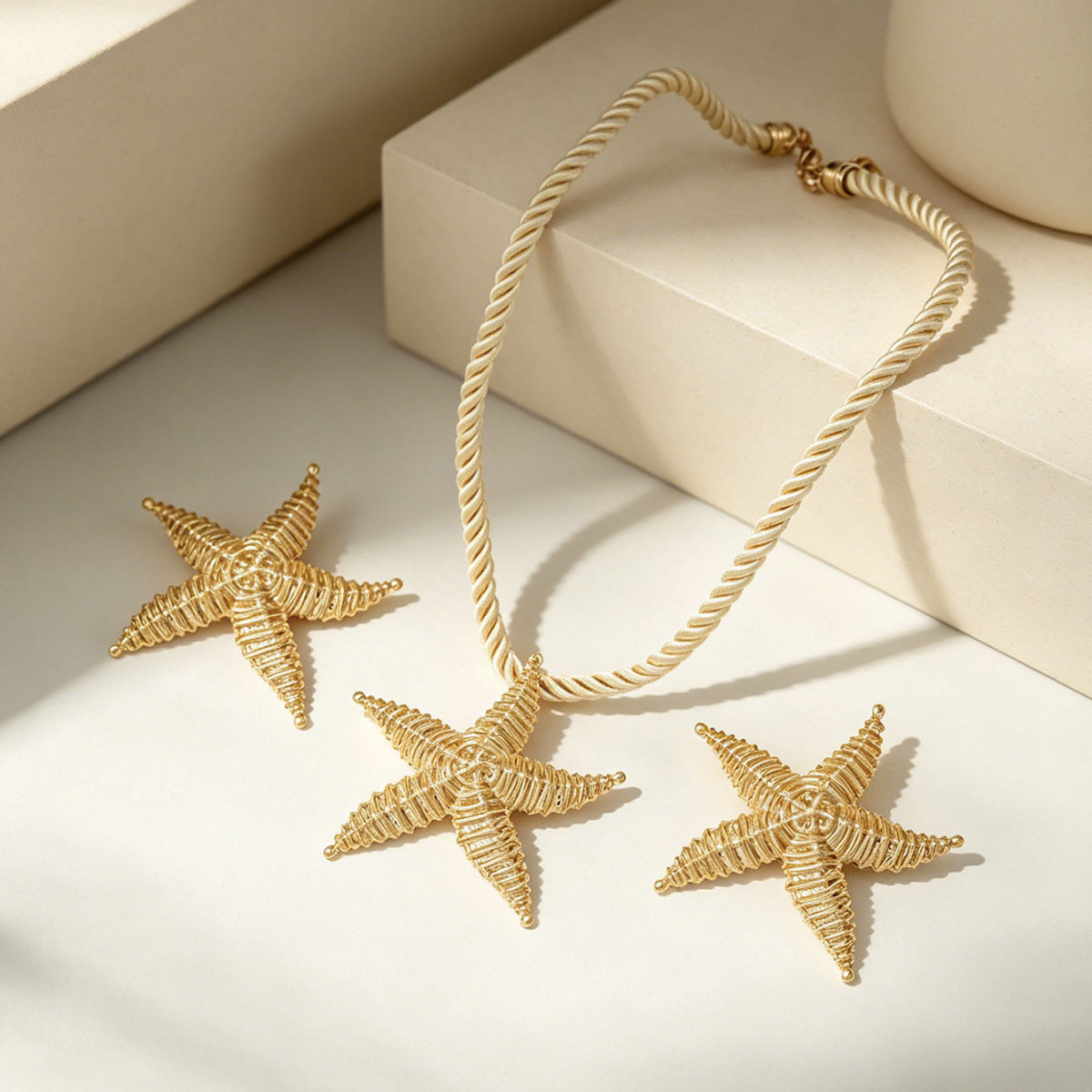 Cross-border European American Unique Starfish Jewelry Set For Women, Light Luxury Vacation Style Premium Texture Matching Clavicle Necklace & Earrings